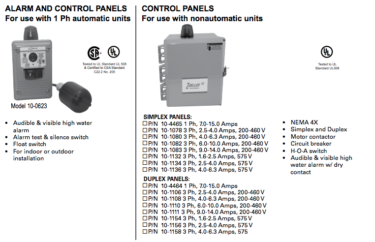 zoeller 818-819-820 series grinder pump Control panels