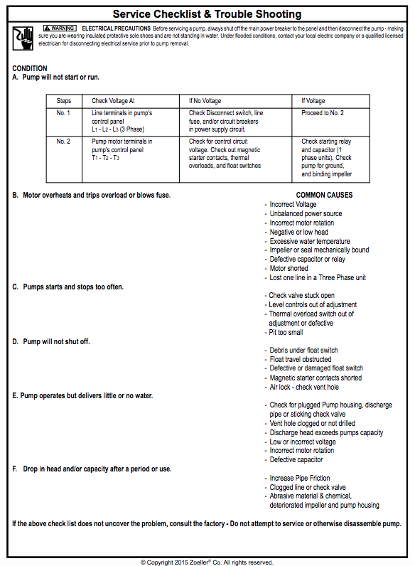 zoeller x600 series sewage pumps Service Checklist