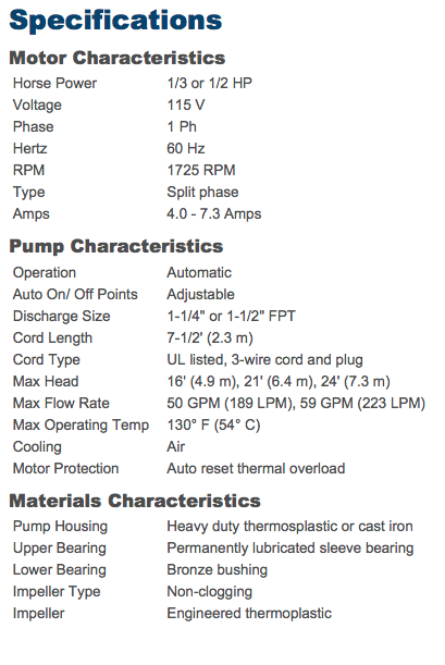zoeller 80 series pedestal pumps Specifications