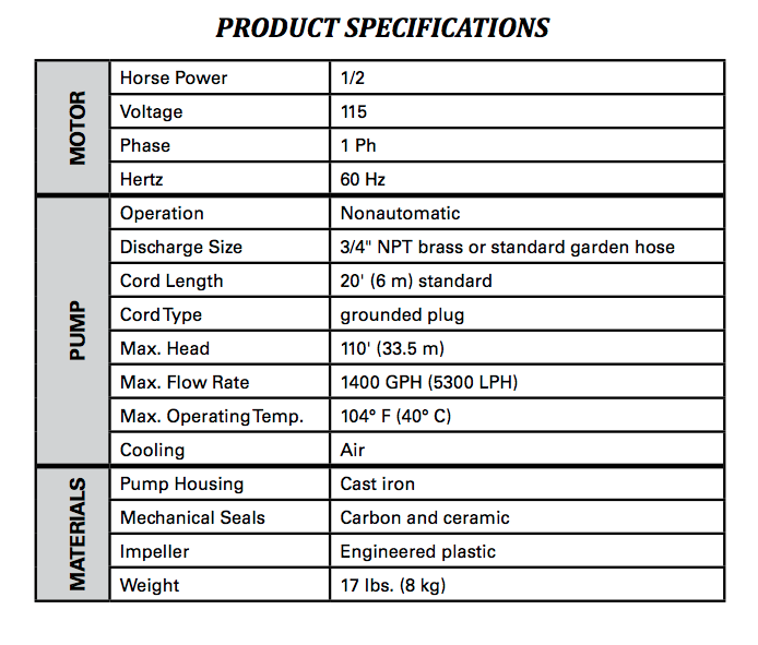 zoeller model 314 transfer pump specifications