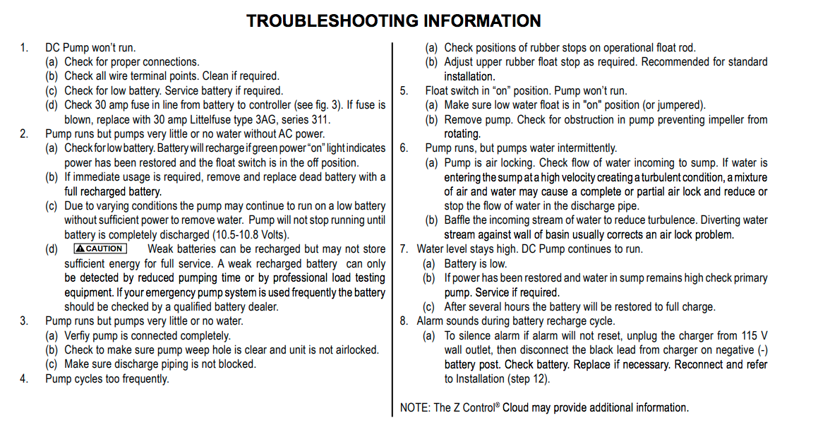 Zoeller aquanot active 508 battery backup sump pump system troubleshooting