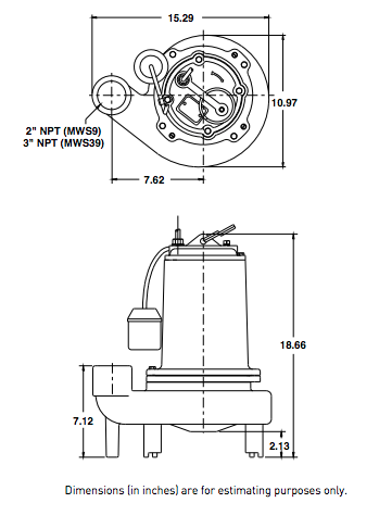 myers mws9 series sewage pumps dimensions