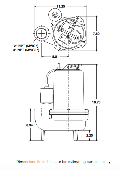 myers mws37 series sewage pumps dimensions