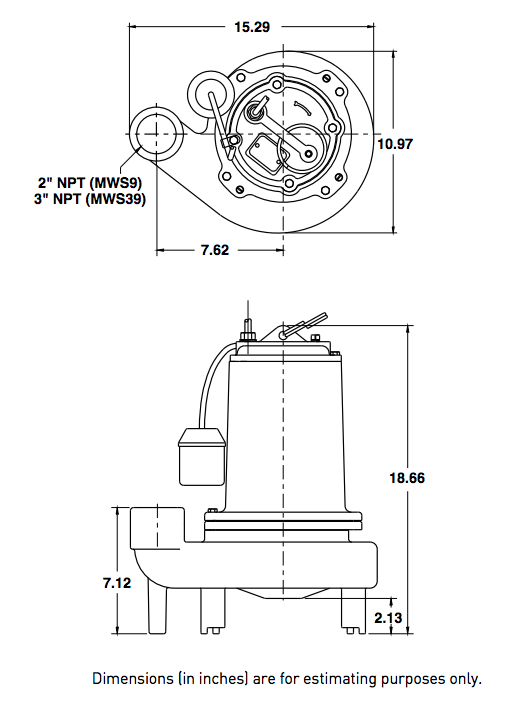 myers mws39 series sewage pumps dimensions