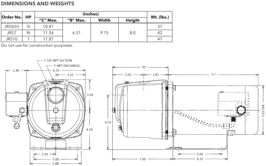 goulds jrs shallow well jet pump dimensions