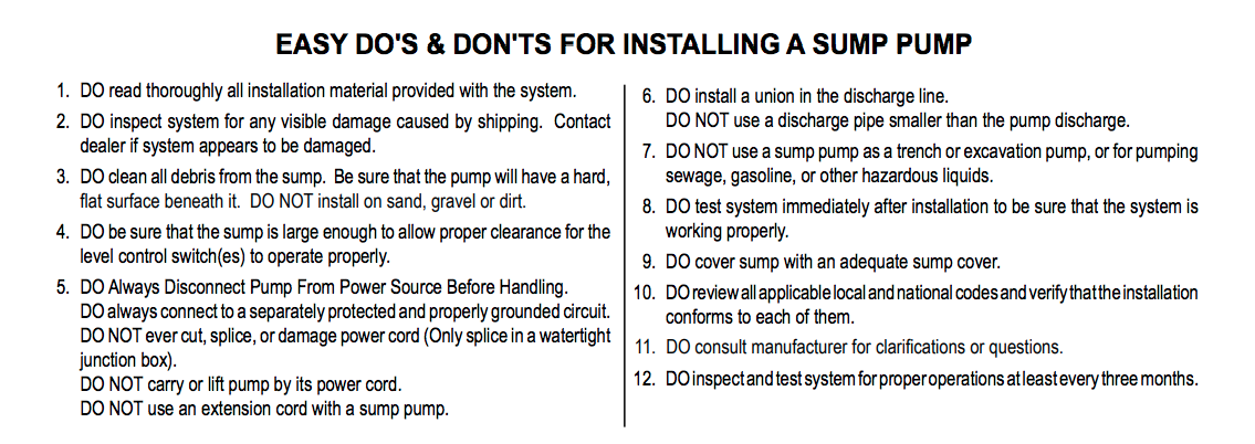 zoeller propak sump pump package Do's and don’t's