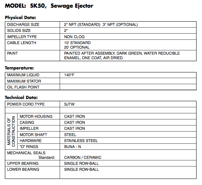 myers sk50 series centrifugal sewage pumps specs