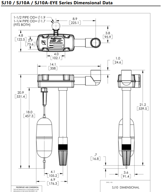 liberty sj series water powered sump pump dimensional data