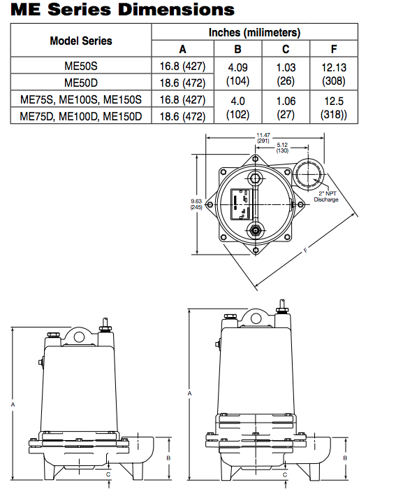 myers me50 series effluent pumps dimensions