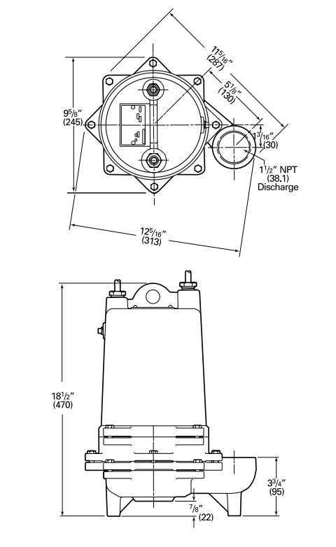 myers p50 p100 series effluent pumps dimensions
