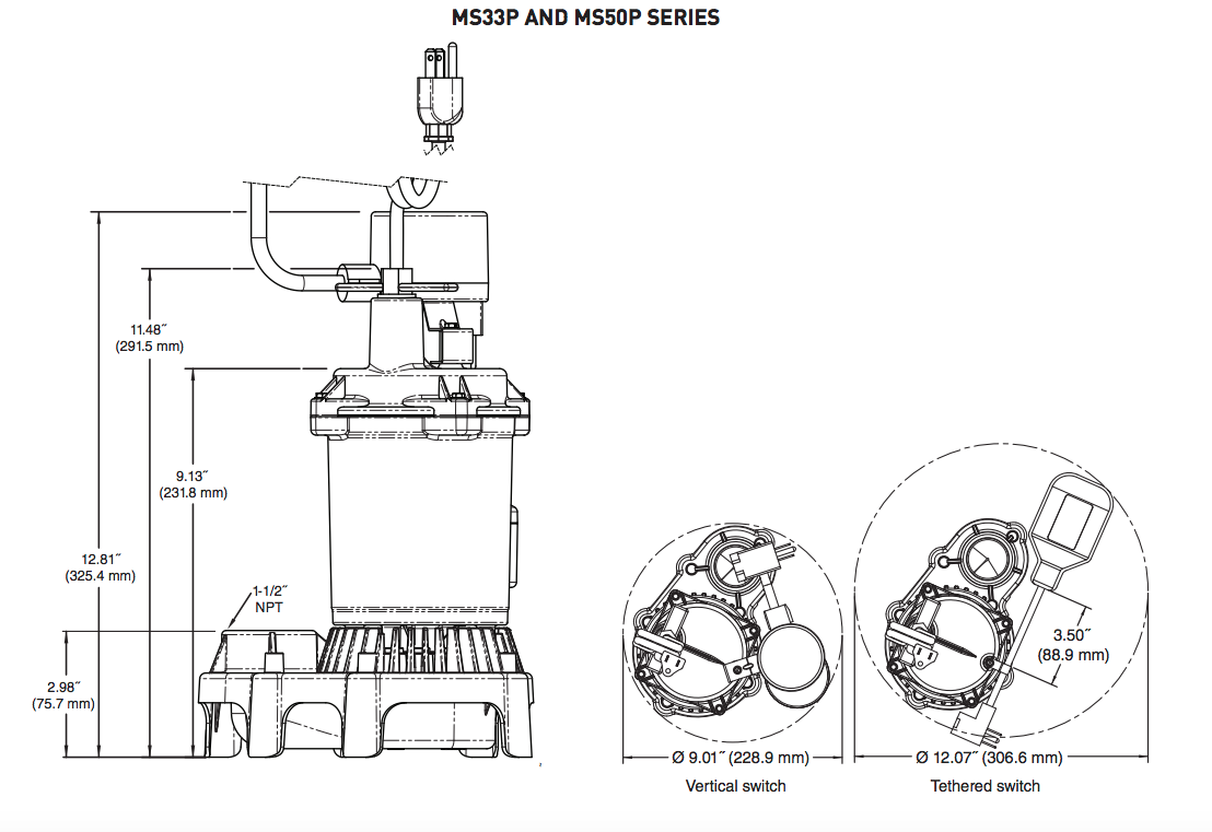 myers ms series sump pumps dimensions