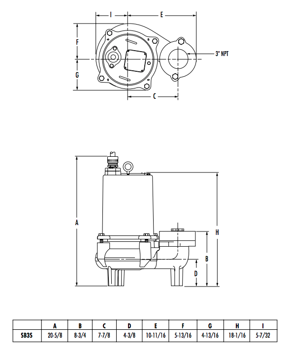 myers s3s & sb3s series sewage pumps dimensions