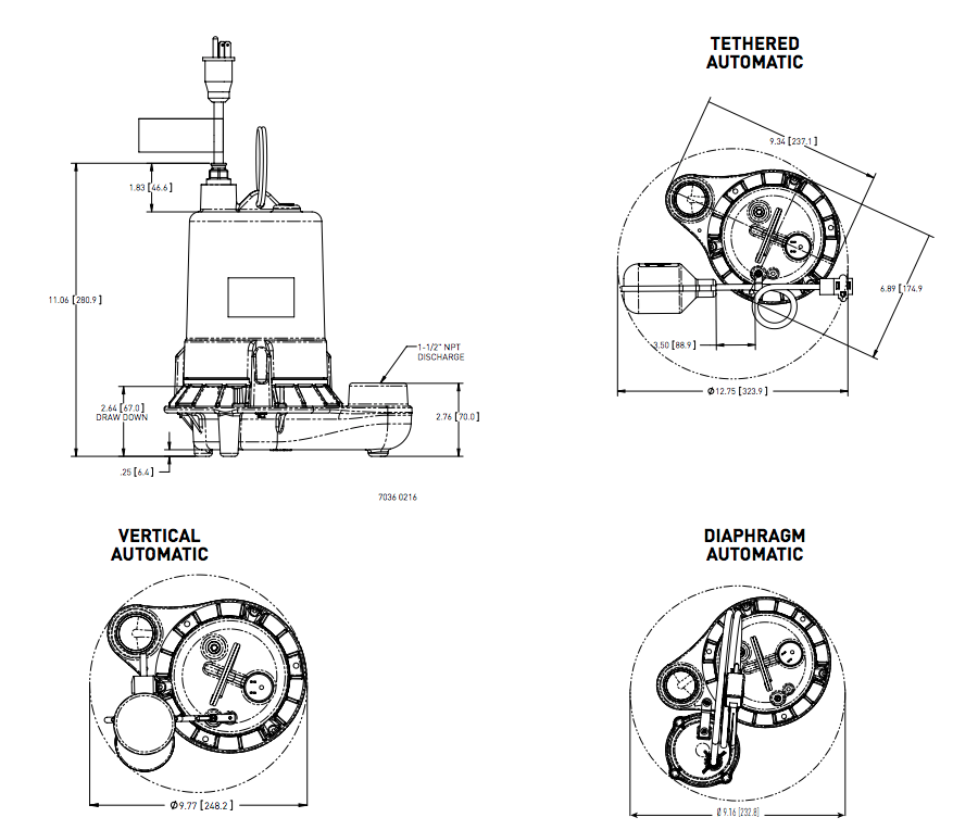 Myers msci50 series sump pumps dimension