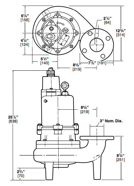 myers v3whv series-sewage pumps dimensions