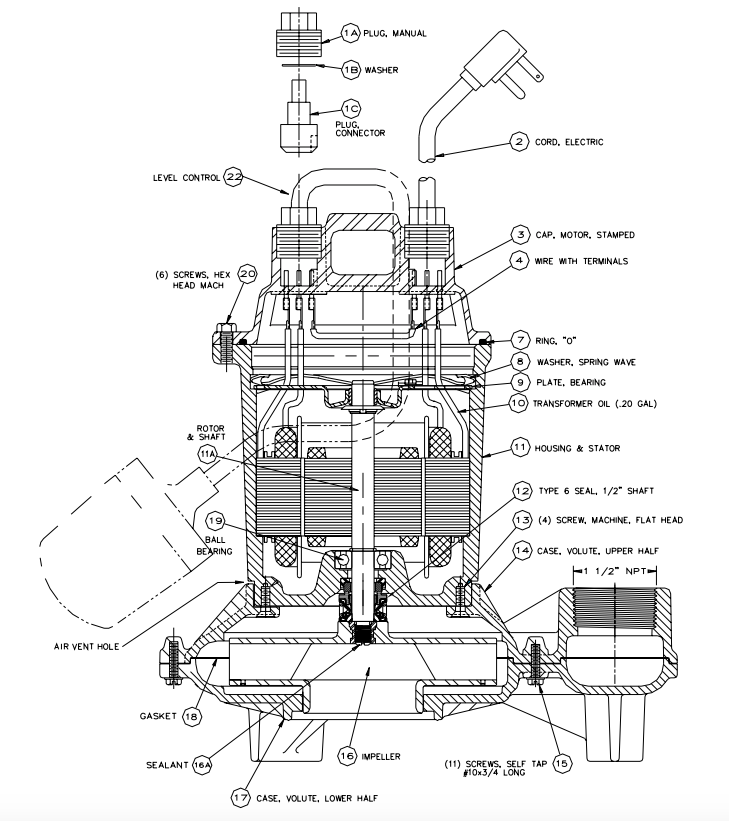 myers me40 series effluent pumps exploded view
