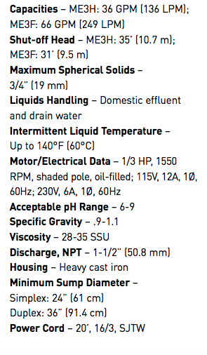 myers me3h effluent pumps specifications