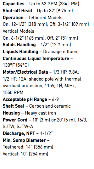 myers mdc series sump pumps specs