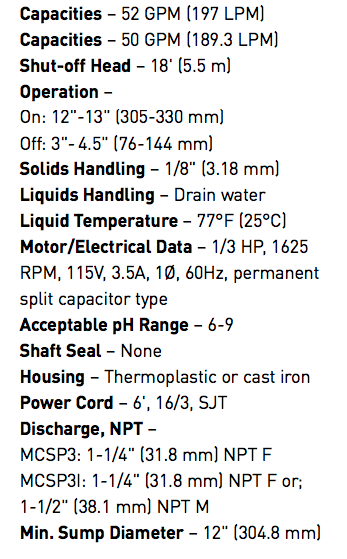 myers mcsp series pedestal sump pumps specs