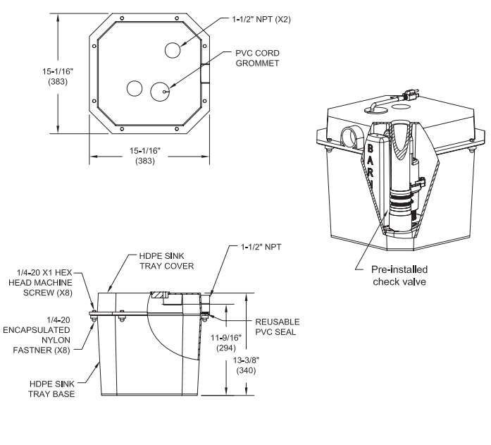 Barnes SU33LT Series Laundry Tray Sump Pump System Dimensions