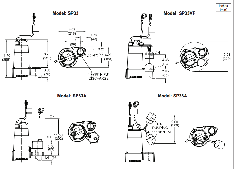 barnes sp33 series effluent pumps dimensions
