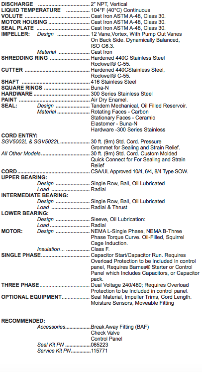 barnes sgv series grinder pumps specs
