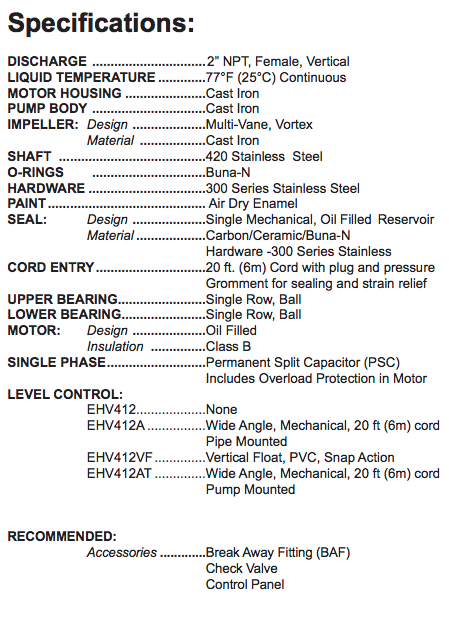 Barnes EHV series effluent pumps specifications