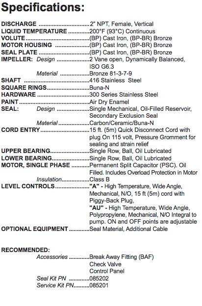Barnes BP-HT Series High Temperature Pumps specifications