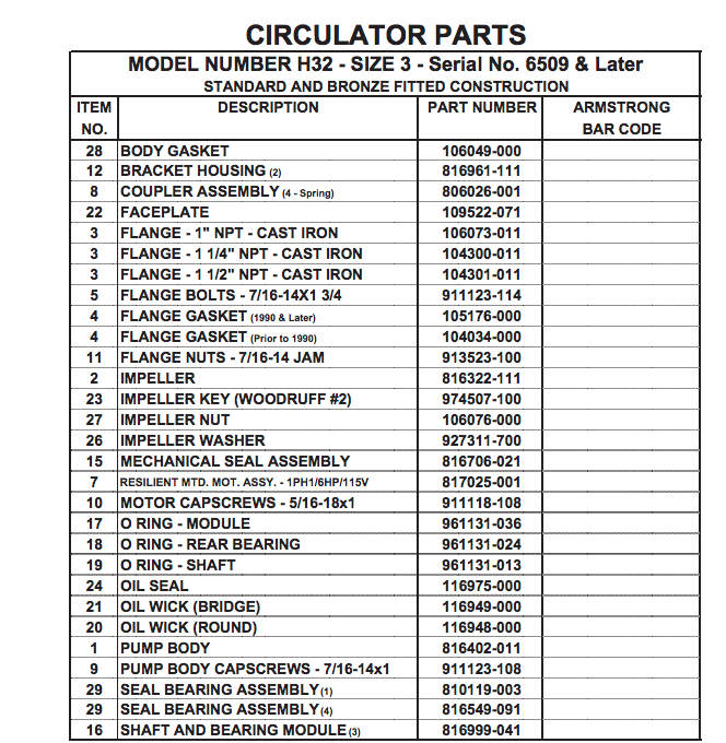 armstrong h series circulator pumps replacement parts