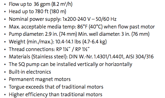 grundfos sq series well pumps specs